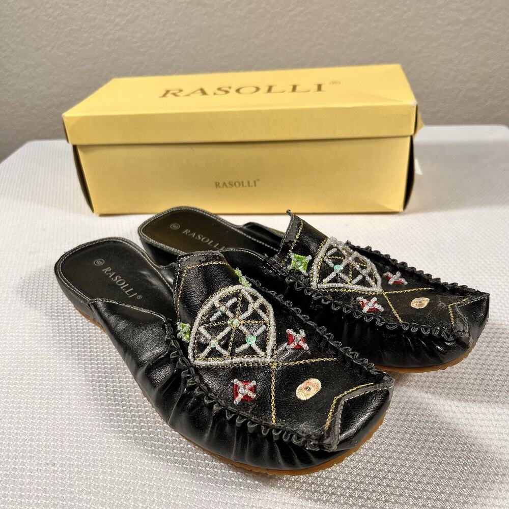 Vintage Rasolli Woman’s Size 8 Slip On‎ Black Leather Office Casual Flats